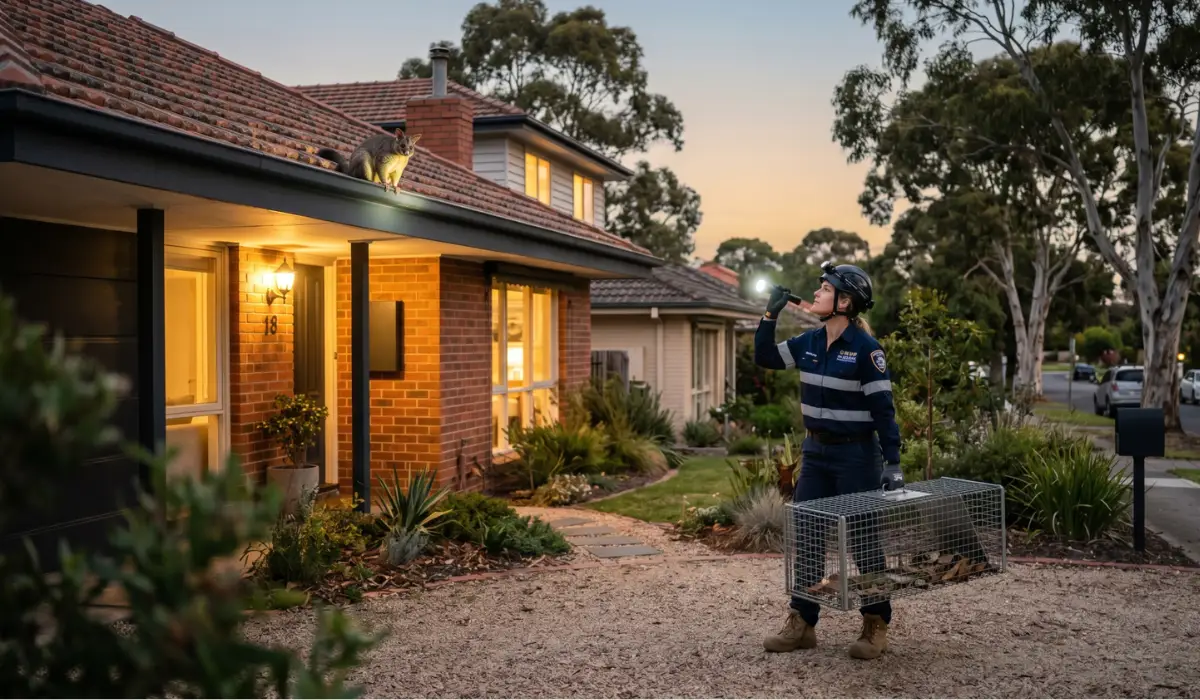 Professional possum removal technician with cage trap spotting a possum on a suburban Melbourne home at dusk